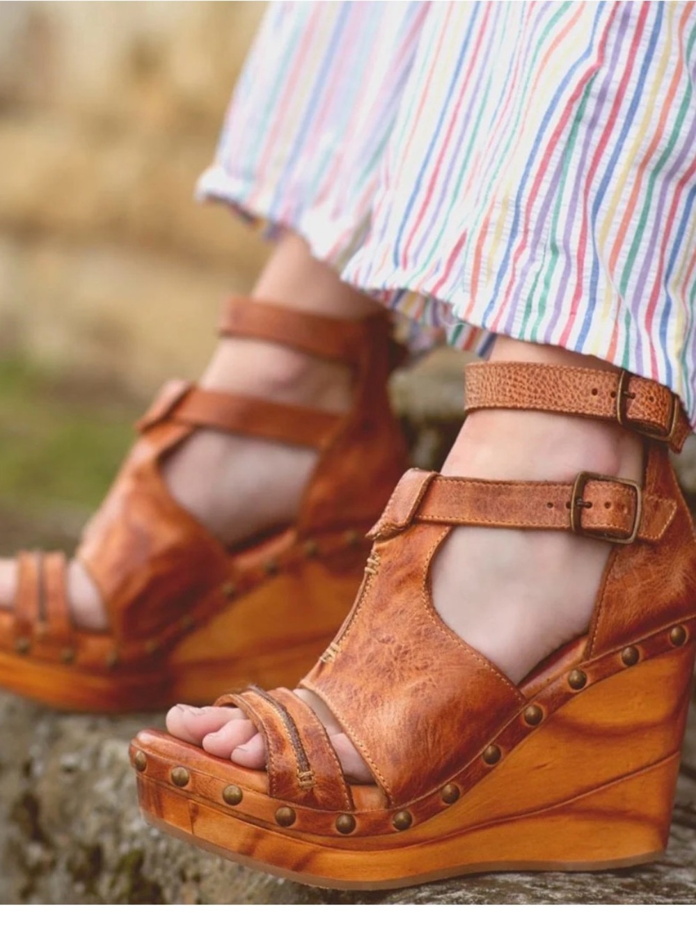 BED|STÜ Princess Pecan Leather Studded Wood Wedge Sandals Size 10